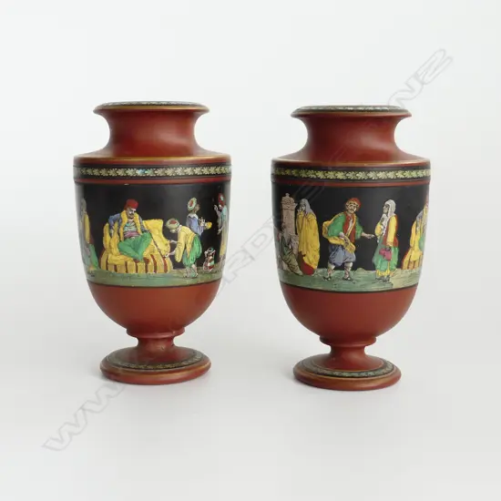 PR PRATT WARE TERRACOTTA GRECIAN URN VASES, SMOKING TURKS PATTERN C1860 H155mm