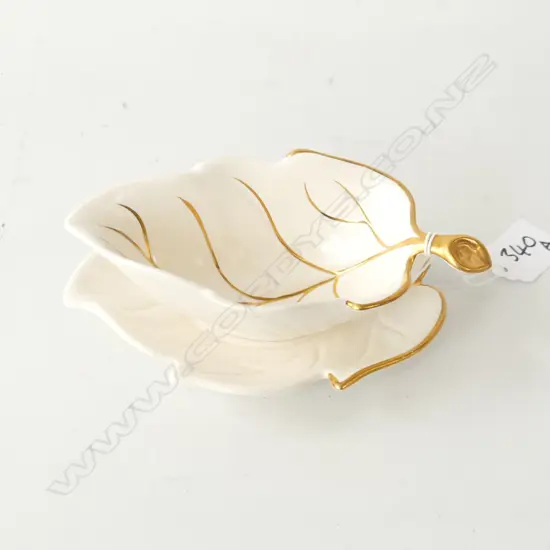 CARLTON WARE LEAF SAUCE JUG WITH  SAUCER, IVORY WITH GOLD GILT