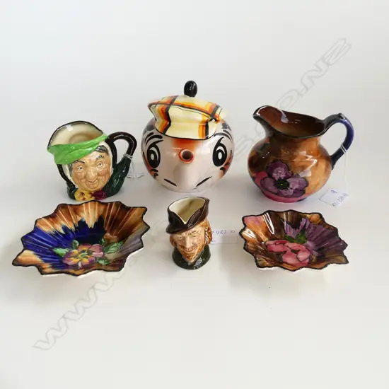 SIX CHINA ITEMS. INCLUDES WADE CHARACTER TEAPOT AS ANDY CAPP THREE H AND K TUNSTALL AND TWO DOULTON CHARACTER JUGS .