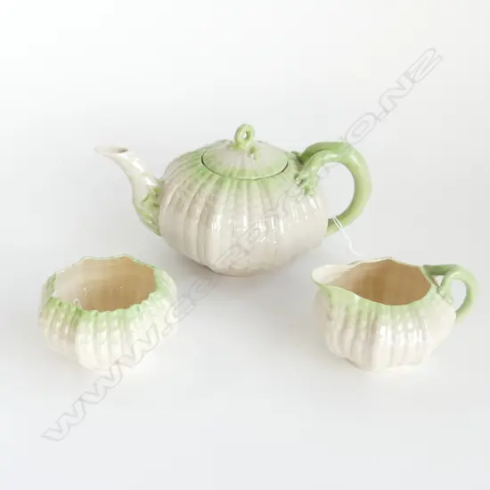 3 PC BELLECK TEASET  BLACK MARK  SHELL PAT.  H.110MM 2 hairline cracks to sugar bowl