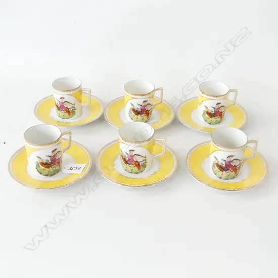 SIX HAND PAINTED GERMAN PORCELAIN DEMITASSE CUPS AND SAUCERS WITH EXOTIC BIRDS ( BASE STAMP RUBBED OFF)