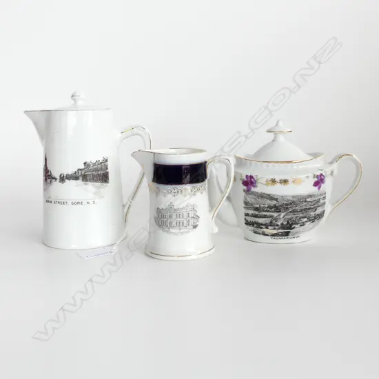 3 NZ SOUVENIR WARE CHINA; SM GORE COFFEE POT, TAUMARUNUI TEAPOT & OAMARU JUG