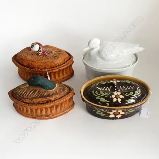 4 TUREENS; APLICO with DUCK LID (L225mm) QUAIL HEAD & DUCK HEAD (L.250, 215mm) + 1 OTHER