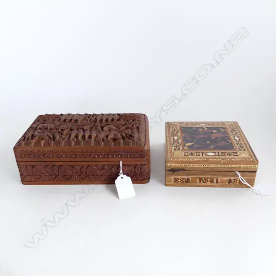 INDIAN CARVED BOX L 20CM W 12CM AND SYRIAN INLAID BOX 13CM X 13CM.