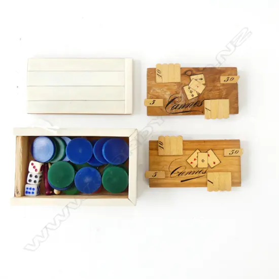 2 X INLAID WHIST MARKERS AND IVORY COVERED BOX OF COUNTERS ETC