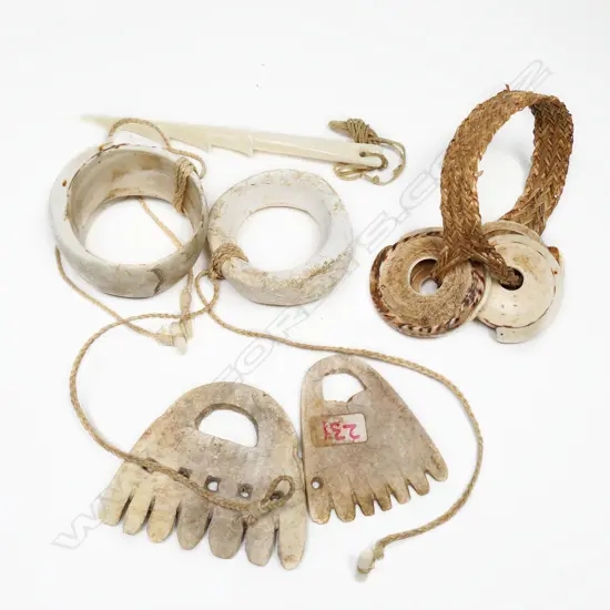 ASST SHELL & BONE PENDANTS & BRACELET, ON PLAITED CORDS