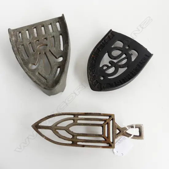 THREE ANTIQUE CAST IRON TRIVETS FOR ANTIQUE IRONS ENTERPRISE ETC L. 180mm, 60mm, 200mm