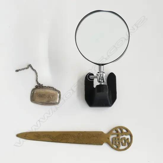 VINTAGE 'STAND MAGNIFIER' BOXED H.100mm. + SHERRY bottle ticket + letter knife