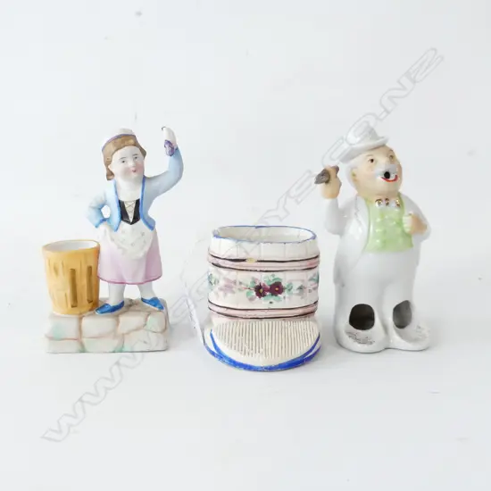 TWO BISQUE ANTIQUE VESTAS – LADY & BARREL AND NOVELTY MAN CIGAR HOLDER