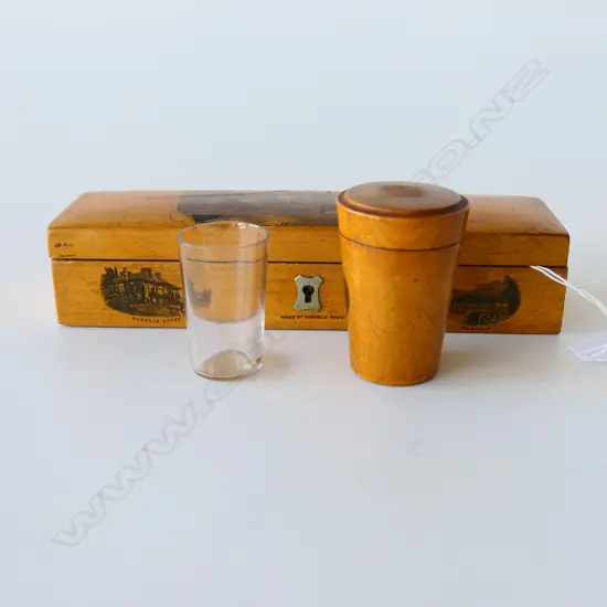 MAUCHLINE WARE SHOT GLASS BOX WITH GLASS AND OBLONG BOX