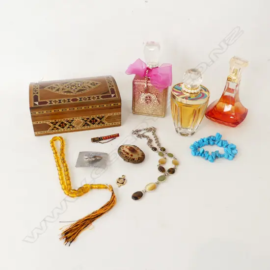  THREE PERFUME BOTTLES + INLAID BOX & CONTENTS