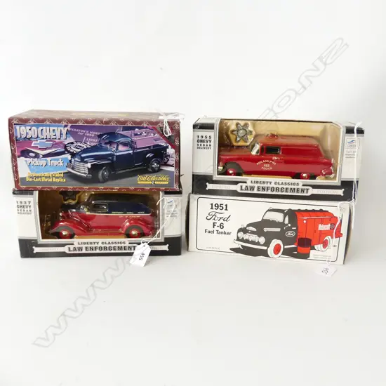 4 BOXED DIE CAST MODELS L240MM 51FORD FUEL TANKER 50 CHEVY PICK UP 37 CHEVY SEDAN 55 CHEVY POLICE 