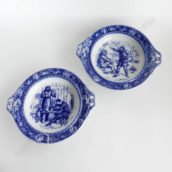 PR WEDGWOOD FLOW BLUE IVANHOE SHALLOW DISHES W HANDLES DIA 300mm