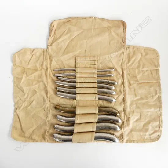 ANTIQUE MEDICAL SET OF 10 UTERINE DILATORS IN CANVAS ROLL