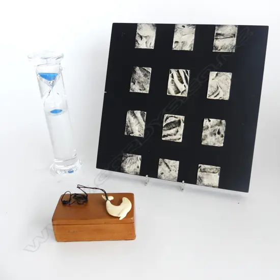 MISC; BONNAE ART GLASS HOUR GLASS (H. 245mm) CARVED WHALE PENDANT IN WOODEN BOX & MARY BESSANT CONTEMPLATION ZEN ART 