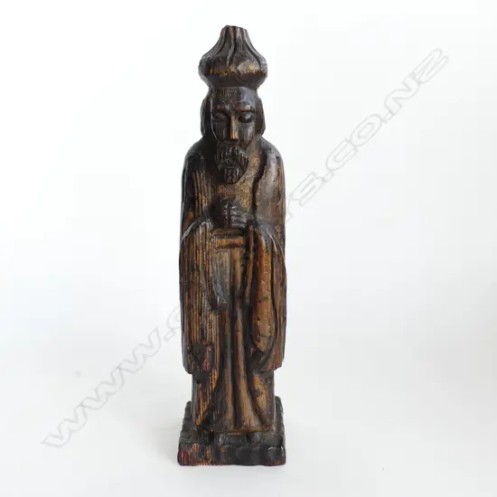 EARLY PINE CARVING OF A RELIGIOUS FIGURE H 34C.