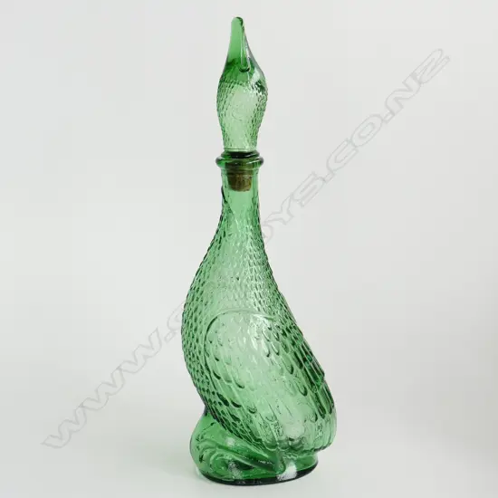GREEN GLASS DUCK SHAPED BOTTLE & STOPPER H. 390mm