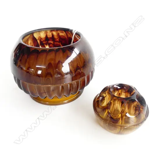 DAVIDSON CLOUD GLASS FLOWER BOWL WITH ORIGINAL GLASS FLOWER FROG INSERT ENGLAND D. 150mm