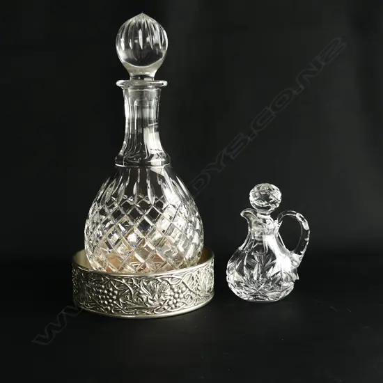 CRYSTAL DECANTER H.285mm & JUG + PEWTER WINE COASTER 145mm dia