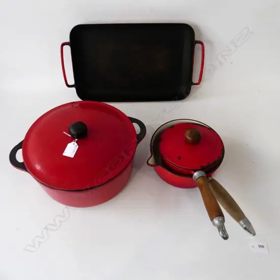 4 PCES RED ENAMEL COOKWARE; WATERFORD COLORCAST DISH 415x230mm, NOMAR FRANCE SAUCEPAN + 2 LIDDED POTS 255mm dia