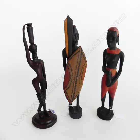 3 CARVED WOODEN AFRICAN TRIBAL FIGURES, H. 340, 320 & 305mm