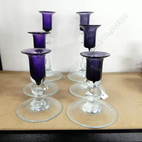 3 PRS HOGLUND GLASS CANDLE HOLDERS, PURPLE & CLEAR GLASS H. 210, 170, 125mm