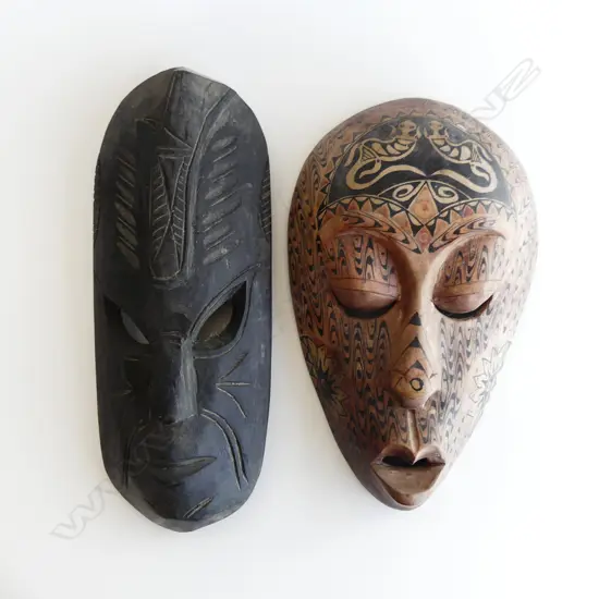 2 CARVED WOODEN AFRICAN TRIBAL MASKS L. 370, 330mm