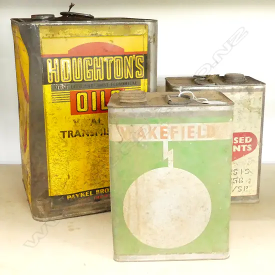 3 VINTAGE OIL CANS; WAKEFIELD, SHELL, HOUGHTONS 240x240x345mm