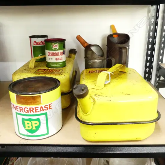   PETROLIANA INCLUDING TWO SHELL PETROL CANS,CASTROL  GREASE,GERMAN OILERS