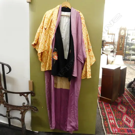 THREE VINTAGE KIMONOS BLACK, MAUVE AND ORANGE & GOLD IN VARYING LENGTHS