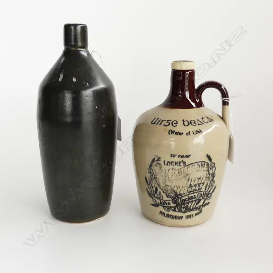 KILBEGGAN IRISH WHISKEY STONEWARE JAR  (H. 210mm) + EARLY STONEWARE JIM BEAM BOTTLE  (H.240mm)
