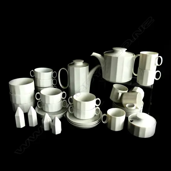 ROSENTHAL WHITE PART SET; 8 SOUP COUPES & 6 UNDER PLATES, 3 DESSERT BOWLS, COFFEE & TEAPOT, 6 C&S'S, SUGAR BOWL 2PRS S&P