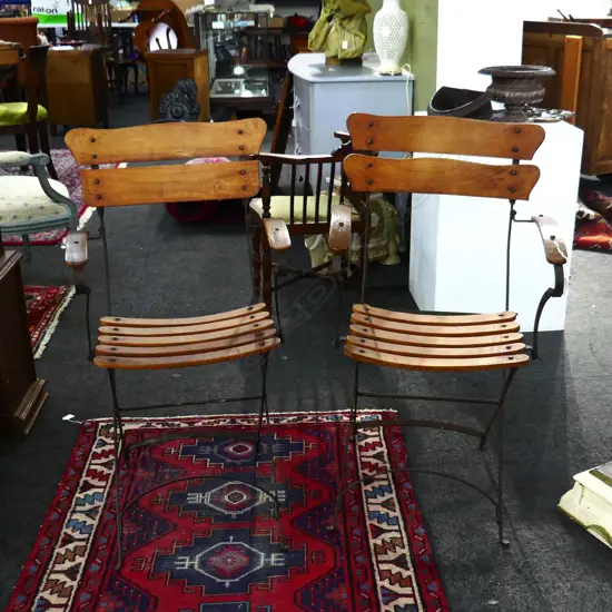 PR VINTAGE WOOD & IRON FOLDING OUTDOOR ARMCHAIRS