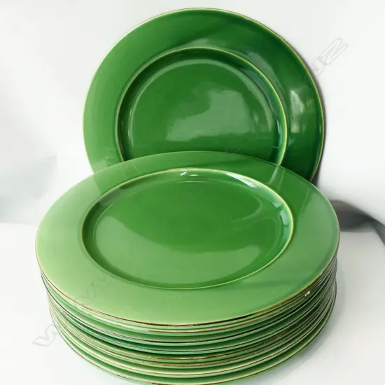9 LG GREEN GLAZED PLATES BY HABITAT 330mm dia (1 w. CHIP)