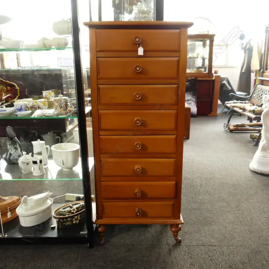 KAURI TALL BOY ON CASTORS - J.CLARKE PONSONBY MAKER [REFER LABEL IN TOP DRAWER] 520x360x1210mm