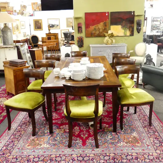 QUALITY DINING TABLE (1050x2015mm) w. 8 CHAIRS; GREEN VELVET SEATS + EXTRA FABRIC