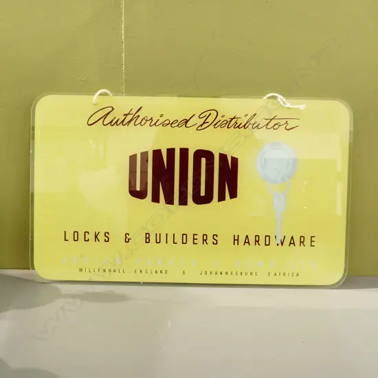 VINTAGE GLASS SIGN 'UNION / LOCKS & BUILDERS HARDWARE 305x510mm