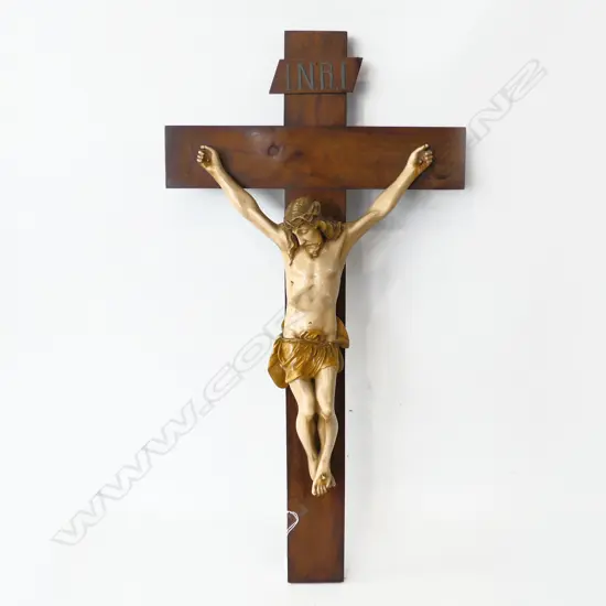 OLD PAINTED PLASTER CRUCIFIX JESUS ON WOODEN CROSS 850 X 435mm