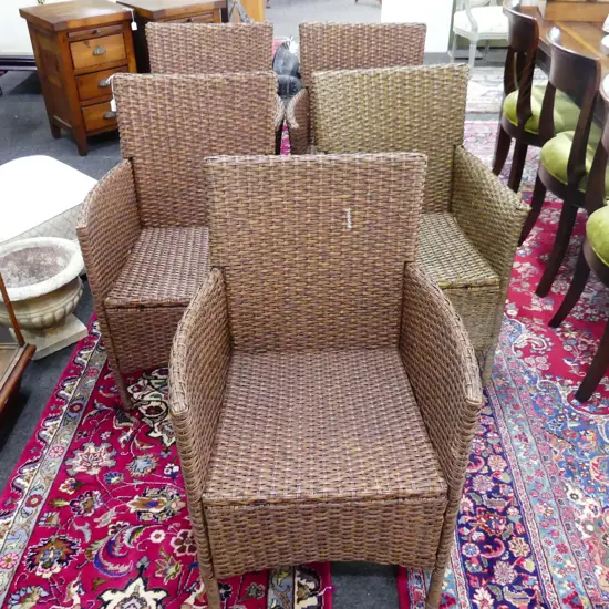 5 WOVEN PLASTIC OUTDOOR DINING CHAIRS (1 FADED) w. CUSHIONS (not pictured)