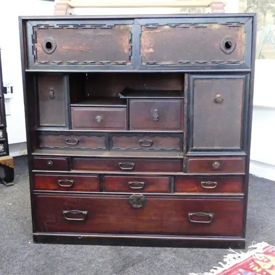OLD JAPANESE MEIJI TANSU CHEST multi drawers & doors. 840 x 355 x 885mm.