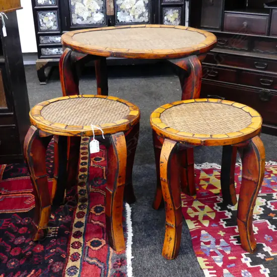 BAMBOO TEA TABLE + 2 STOOLS H530 380MM