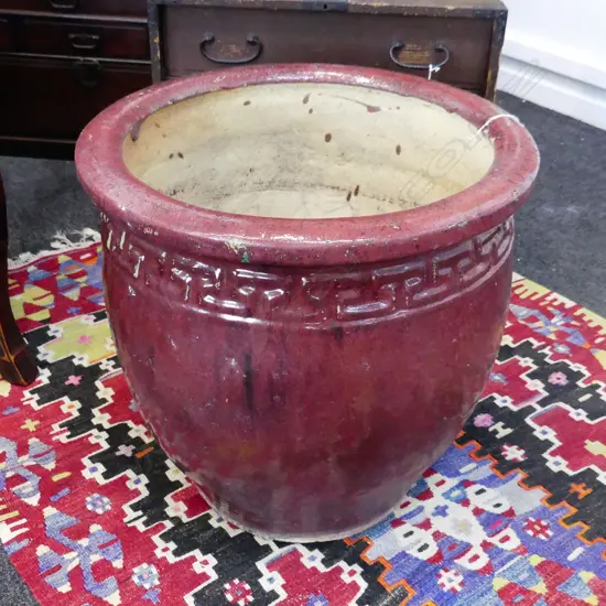 LG RED GLAZED GARDEN POT CRACKS TO INTERIOR BASE H.435 / 440mm dia
