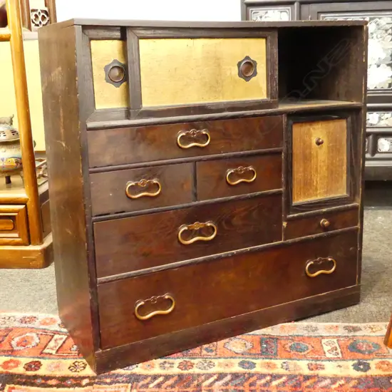 OLD JAPANESE SMALL CABINET 3 doors 6 drawers bronze handles H.595mm