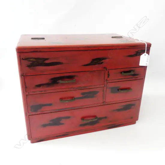 1970’S JAPANESE SEWING BOX red/black lacquer H.270mm