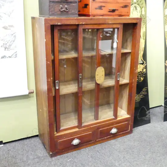 MEIJI PERIOD BOOKCASE SOLID WOOD 2 GLAZED DOORSD. 2 DRAWERS H100MM