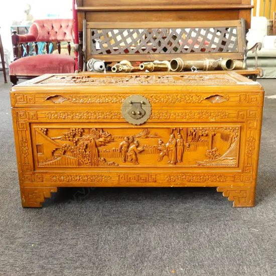 VINTAGE CAMPHOR CHEST top & all sides carved L.890mm