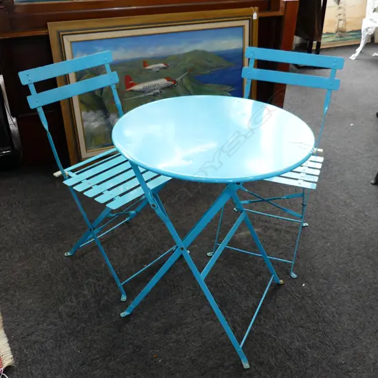 BLUE METAL FOLDING PATIO SET; PR CHAIRS + TABLE 600mm dia