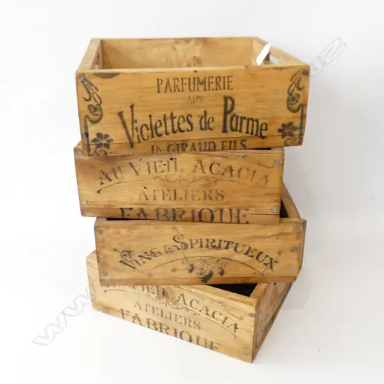 4 WOODEN ADVERTISING BOXES 