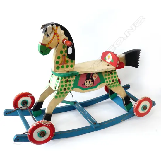 VINTAGE 30’S MINNIE MOUSE WOODEN ROCKING AND ROLLING HORSE H.625mm W.880mm  1 STIRRUP MISSING