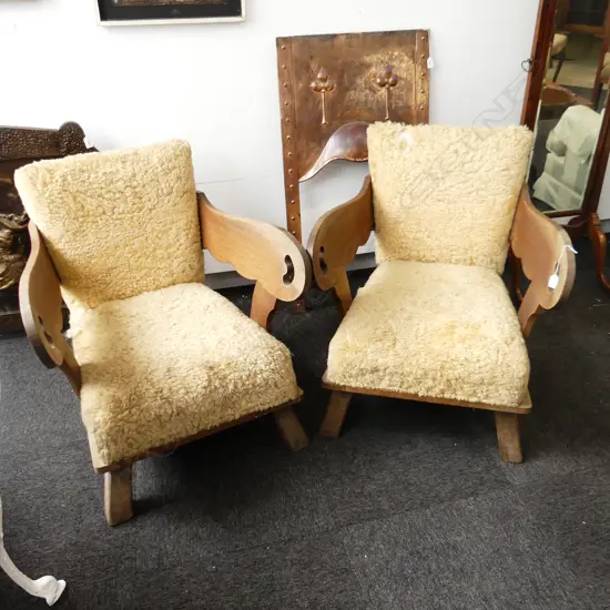 PR EARLY 20thC OAK CHAIRS w. SHEEPSKIN UPHOLSTERY EX. NAPIER HOTEL 670x720x750mm